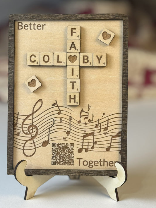 Personalized Scrabble Tile Sign with QR Code Song – Custom Wooden Keepsake